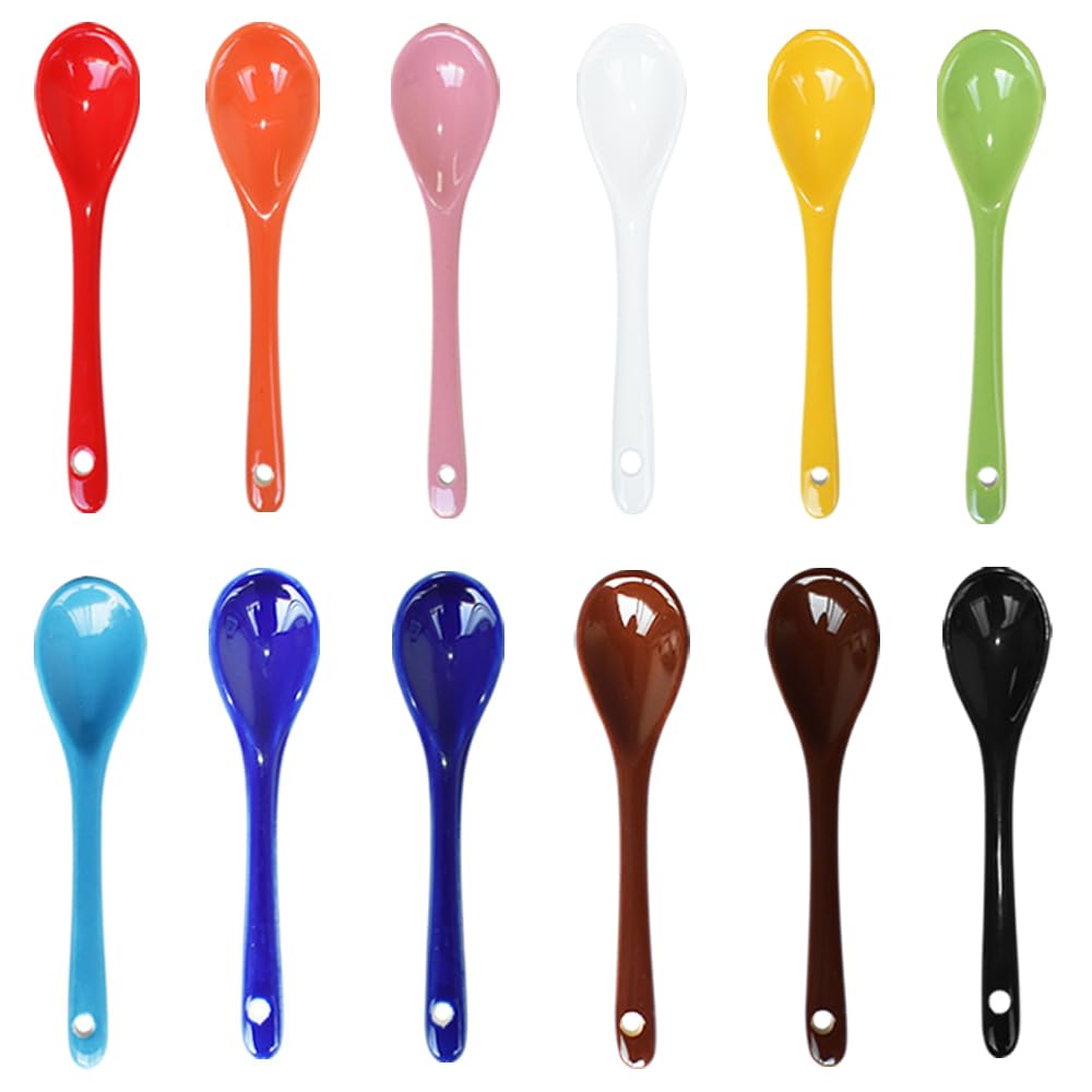 Pirhosigma 12 Color Porcelain Egg Spoons Ceramic Spoons 4.7 inch/12cm Length 2.7cm Width Coffee Spoon Dessert Yogurt Tea Milky Tea