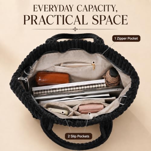 Image of Kawn Korean Tote Bag Aesthetic Corduroy Canvas Handbag for Women Zipper Casual Large Capacity Shoulder Bag with Pockets Versatile Everyday use for College Work Travel & Shopping