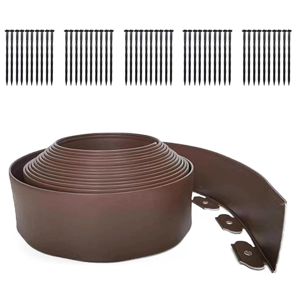 33FT Landscape Edging, 4 in Tall Garden Edging Borders,Flexible Lawn Edging with 30 Spikes,Plastic Edging Border for Garden, Flower Beds, Pavement-Brown