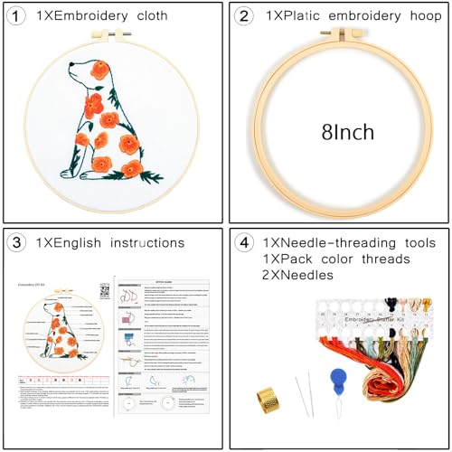 Image of Crafmanoe Flowers Dog Embroidery Kits for Beginners Adults, Hand Embroidery Starter Kits, Stamped Cross Stitch Kits DIY Needlepoint Kit for Beginners Adults, Embroidery Hoop, Thread and Video Tutorial