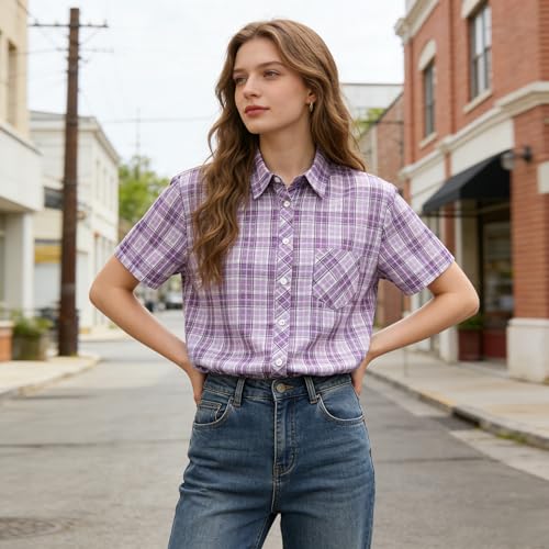 Image of SANGTREE Girls and Women Plaid Shirt Short Sleeve Button Down Summer Blouses Tops