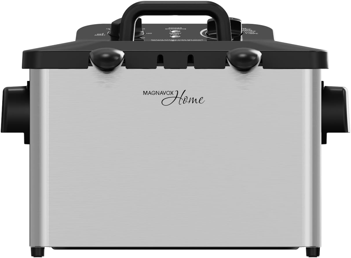 MAGNAVOX HOME 4.7 QT Stainless Steel Deep Fryer with 3 Frying Baskets, Viewing Window Lid, Adjustable Temperature and Timer, Removable Oil Pot, 1800W Electric Deep Fryer