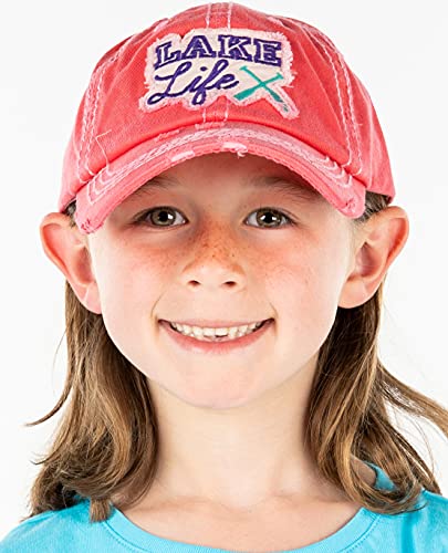 Funky Junque Girls Just Wanna Have Sun Beach Hat, Cute Embroidered Cotton Baseball Cap for Girls Age 6-8, Adjustable, Lake Life - Coral4