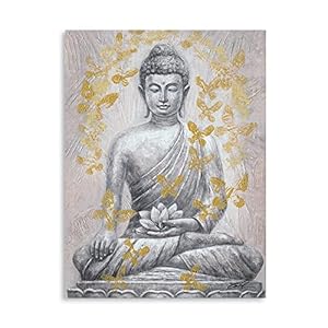 Yidepot Buddha Canvas Wall Art Gold-foil: Zen Statue Textured Print with Lotus Flower for Buddhism Prayer Wall Decor Inspirational Posters for Spa Yoga Room Decorations Framed Ready to Hang 12″x16″