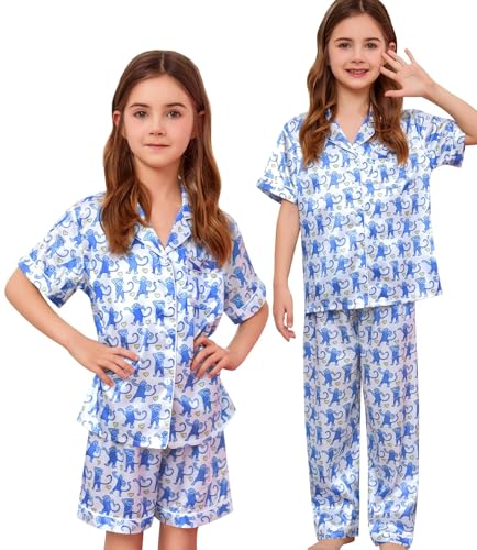 SWOMOG Kids Silk Pajamas 3 Piece Girls Boys Satin Pajamas Set Button-Down PJs Set Soft Loungewear Short Sleeve Sleepwear3