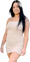 Vestido Curto Sem Alça Bege Tubinho Ajustado Tomara que Caia Sem Bojo Modela o Corpo