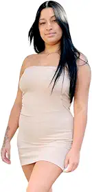 Vestido Curto Sem Alça Bege Tubinho Ajustado Tomara que Caia Sem Bojo Modela o Corpo