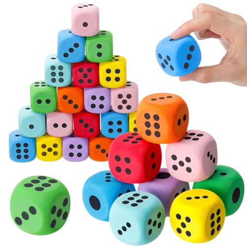 Halloscume 24 Pcs EVA Foam Dice 1.5 Inches Large Dice Educational Supply Colorful Soft Dot Foam Yard Cubes for Building Party Fun(Round)