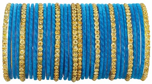 Image of NMII Premium Glass & Golden Beads Velvet Bangle Set For Women and Girls | Velvet Chudi | Traditional Chudi Set | Designer Girl's Bangles Bracelet | Wedding, Party, Festive, Daily- Set of 34