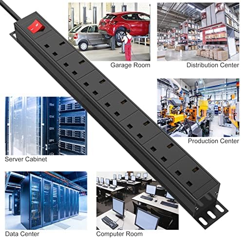 Extension Lead Power Socket, 7 Way Multi Plug Power Strip with Switches, Desk Power Strip 19 Inch Rack Mount Power Socket for Home Office Power Distribution Unit (PDU), Black 2500W/13A