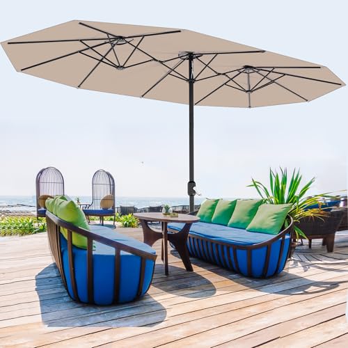 13FT umbrella outdoor patio,Double-Sided Rectangle Umbrella Oversized Shade for 2-6 People, Fade Resistant Canopy for Deck Pool Garden Backyard (Light Brown, 13FT)