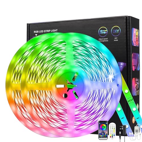 calflux LED Lights for Bedroom,20m Outdoor IP65 Waterproof Led Strip Lights 64FT Bluetooth Music Sync Colour Changing,24V RGB Smart Light with Remote Control,Plug in for Room TV,(2Rolls of 10m)