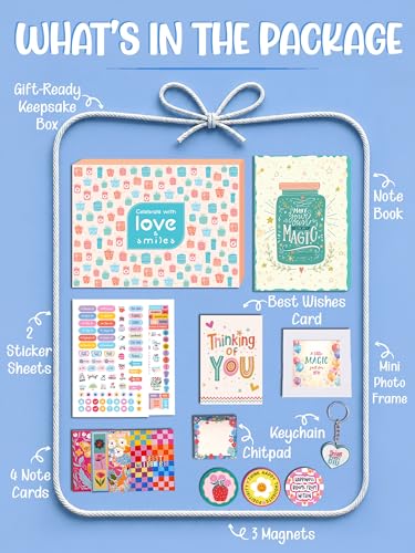 Image of Doodle Happy Vibes Birthday Gift Hamper for Girls | 14 Cute & Useful Gifts Including Notebook, Stickers, Magnets, Photo Frame, Keychain, Notecards & Greeting Card | Ready-to-Gift Box for Teens, Best Friends & Sisters