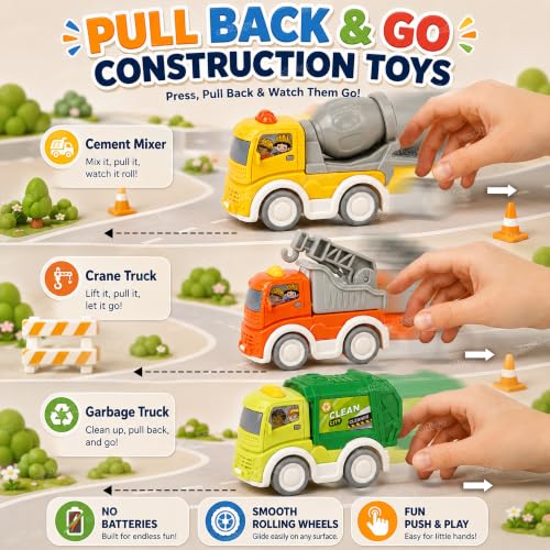 Image of Zest 4 Toyz Unbreakable Automobile Car for Kids Friction Powered Cars Construction Truck Pull Back Car Toy Crane Cement Mixer Dumper Toys for Boys & Girls (Pack of 3)