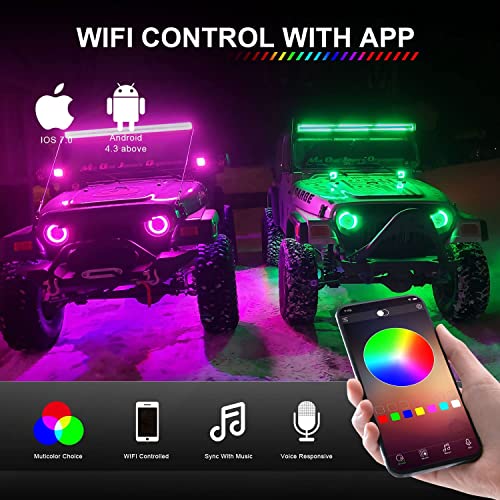 Ciascy RGBW 52Inch Curved LED Light Bar 300W Flood Spot Combo Beam 2PCS 4 Inch 18W Flood RGB LED Pods with 16 Solid Colors Chasing RGB Halo Ring Changing with Strobe Flashing with Rocker Switch Wiring by Ciascy - Image 6
