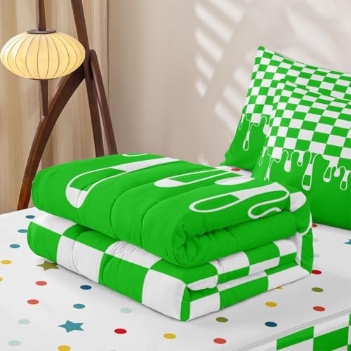Image of Bright Green Checkered Zipper Bedding for Full - 4 Piece Zip Up Comforter Set with Fitted Sheet & 2 Pillowcases,Breathable Checkerboard Drip Y2K Aesthetic Geometric Bed in a Bag,All Season Lightweight
