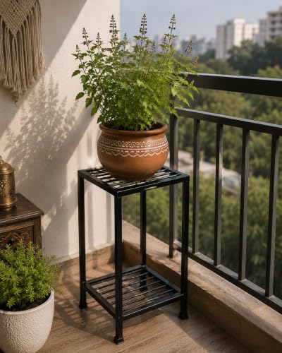 Image of 2-Tier Metal Plant Stand for Tulsi Pot | Heavy-Duty Powder-Coated Steel Flower Pot Stand with Storage Shelf | Multi-Purpose Water Dispenser Stand | Modern Indoor & Outdoor Plant Display Rack for Home Entrance, Balcony & Garden