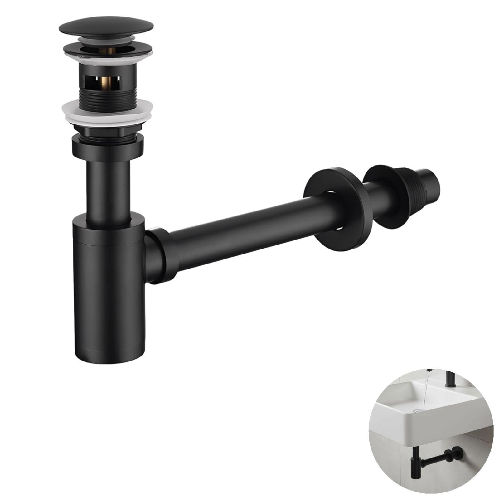 Sifone a bottiglia rotondo per lavabo da bagno, kit da parete in acciaio inox 304, nero opaco con troppopieno, 30 x 35 x 5 cm
