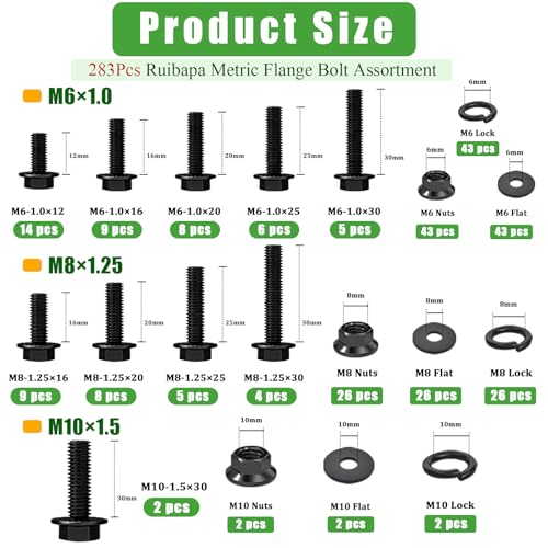 Image of 283Pcs Metric Flange Bolt Assortment,M6x1.0,M8x1.25, M10x1.5 (12mm to 30mm) Bolts and Nuts Assortment,10.9 Black Zinc Galvanized,Bolt Kit