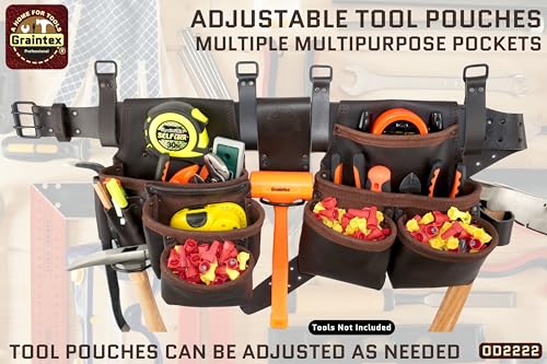 Image of Graintex 13 Pocket Framers Tool Belt, 4 Pc Combo Industrial Grade Leather Tool Pouch, 2 inch Leather Belt & Hammer Holder, Bags for Drywall Tools, Electricians, Plumbers