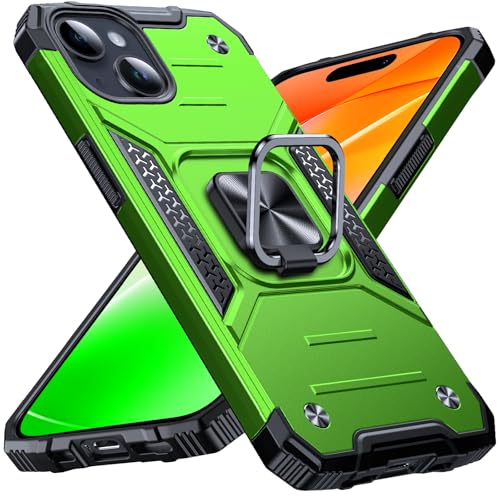 Image of Anqrp Heavy Duty Case for iPhone 15 Case with Enhanced Ring Holder Grip Stand, Military Grade Shockproof Rugged Drop Protective Silicone Hard Slim iPhone 15 Phone Case Cover,Spring Grass