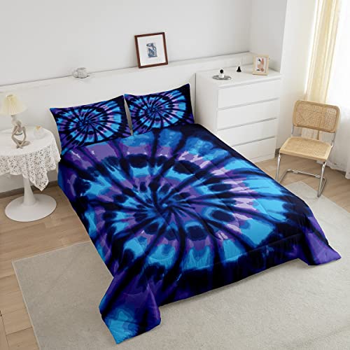 Purple Tie Dye Down Comforter, Blue Spiral Tie Dye Comforter Set, Hippie Bed Comforter Set, Boho Bohemian Gypsy Hippie Bedding Sets, Abstract Printed Quilt Set And 2 Pillowcases, Queen Size #TOP2