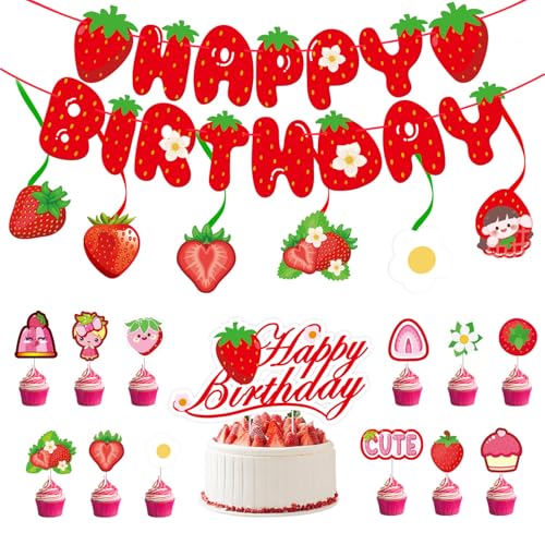 KASESSS 20 Piezas Decoración Cumpleaños de Fresas Set, Happy Birthday Decoracion, Espirales Colgantes, Toppers Tartas, Fiesta Cumpleaños Decoraciones Interior y Exterior para Niños y Adultos, Rojo