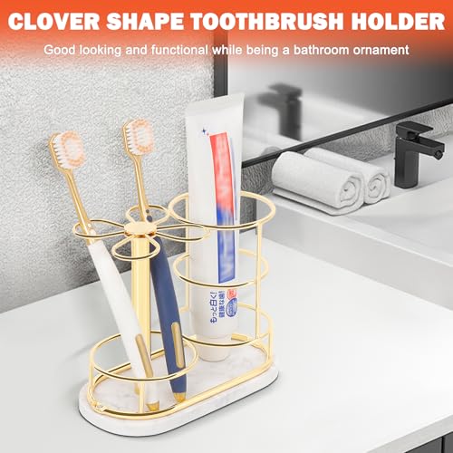Image of Toothbrush Holder Stand for Bathroom, Metal Toothbrush Organizer with Marble Base, Toothbrush Storage Collection for Family, Suitable for Home Hotel Countertop Vanity (Medium, Gold)