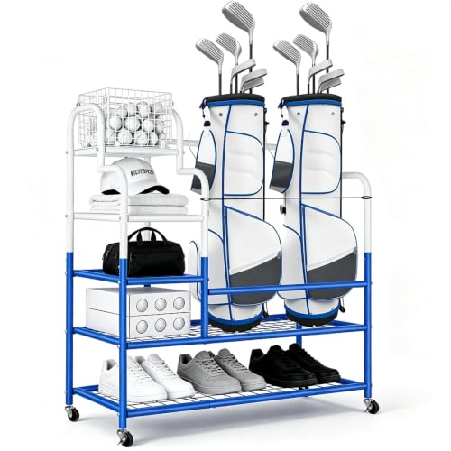 Image of Golf Bag Storage Garage Organizer for 2 Bags, Golf Storage Rack with Wheels | 50% More Space Multi-Zone,All-In-One 5tier Compact,Extra Bottom Storage,4 360 Casters,Movable Basket,Small Garage,Heavy-Duty