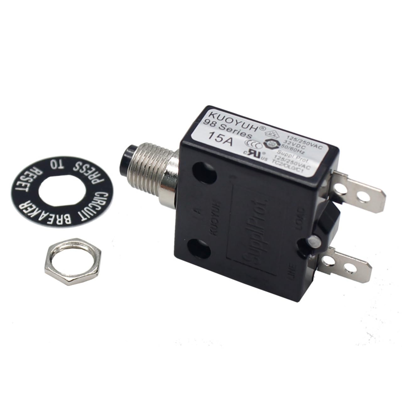 Genuine KUOYUH 15 Amp 98 Series Quick Connect Terminals Push-to-Reset Thermal Circuit Breaker (1-Pack) (15A)