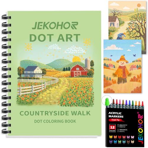 Image of Coloring Book,Village Dot Art Meditations with 12 PCS Acrylic Markers,Mindfulness Adult Coloring Book-Relaxing,Anti-Stress,30 Patterns Coloring Books for Adults,Dot Art for Adults-Country Scenery