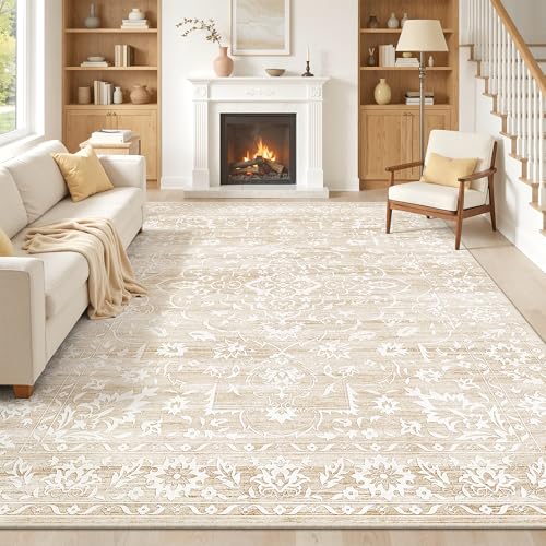 Soalmost 8x10 Washable Area Rugs for Living Room, Vintage Floral Non-Slip Low Pile Neutral Rug Soft Throw Large Carpet for Dining Room Bedroom Home Office (Beige, 8'x10')