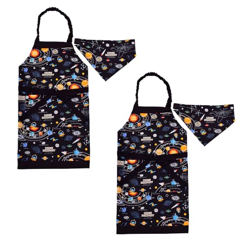 COLORFUL CANDY STYLE 子どもエプロン(100〜120cm) 太陽系惑星とコスモプラネタリウム(ブラック) 2枚セット 男の子 かっこいい 子供用 子供 こども エプロン 三角巾 セット ゴム キッズエプロン おしゃれ 幼児 小学生 かわ
