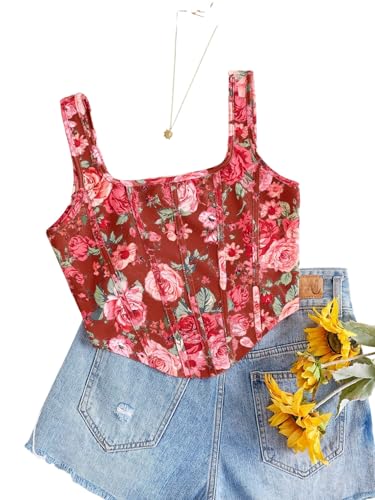 Image of mikuchiku Women's Floral Corset Tank Top, Printed, Sleeveless Crop Top