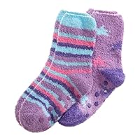 Metzuyan WS-AW23 2 Pairs Kids Girls Fluffy Slipper Socks Cosy Bed Socks Non Slip Anti-Skid Lounge Socks Purple Blue Stripes 4-5.5
