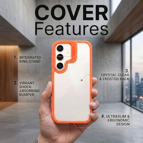 Image of amazon basics Frosted Matte Case for Samsung Galaxy S24 5G | Built-in Flip-Out Camera Lens Stand | Translucent Back with Contrast Orange Bumper | Shockproof Protective Cover with Foldable Kickstand