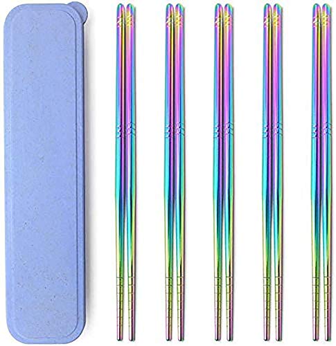 5 Pairs Rainbow 304 Stainless Steel Chopsticks Polished Multicolor Reusable Chopsticks, Dishwasher-safe, Non-Slip, Metal Square Chopsticks Set with Case as Present Gift Fit Kitchen Dinner (purple)
