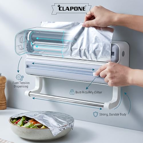 Image of Foil Paper Cutter and Holder Aluminium Foil and Plastic Wrap Organizer with Paper Towel Holder Compatible with Cling Film Tin Foil and Wax Paper Plastic Wrap Dispenser Cutter (Grey, Dual Layer)