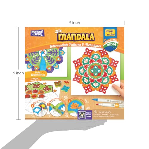 Image of Imagimake DIY Mandala Art Kit | DIY Return Gifts | Craft for Girls Age 8+ | Mandala art kit: 6 projects, 15 motif stamps, 5 dual-tip brush pens & palette; block print, blend & watercolor; girls 9-12