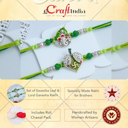 Image of eCraftIndia Leaf Swastika Lord Ganesha Designer Rakhi Set of 2 | Rakhi for Brother Bhaiya Bhai with Best Bro Ever Fridge Magnet | Roli Chawal Pack
