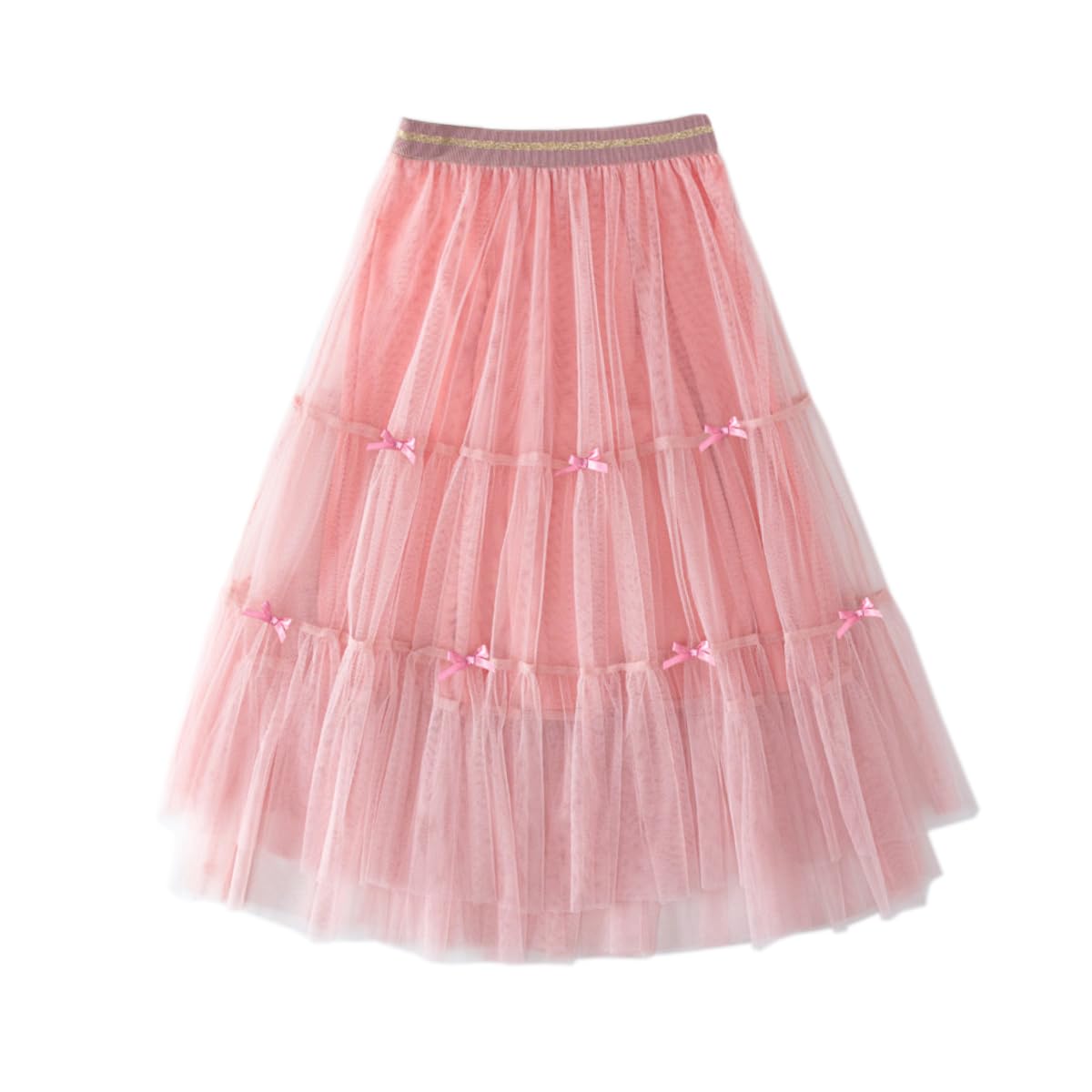 Citridarll Kids Girl's Long Maxi Tulle Skirts A Line Ruffle High Waisted Tiered Layered Mesh Tutu Skirt 130, 6-7 Years,Bow Pink