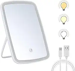 Espelho de Maquiagem Iluminado com Luz LED Natural, Toque Sensível + Controle De Brilho, Portátil para Viagem com Suporte em U Ajustável - Ideal para Penteadeira, Vestiário e Banheiro