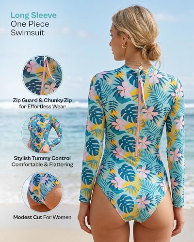 Image of Tame the Sun Long Sleeve Swimsuits for Women - One Piece Tummy Control, UPF 50+ Bathing Suit - Rash Guard, Zipper Swimwear
