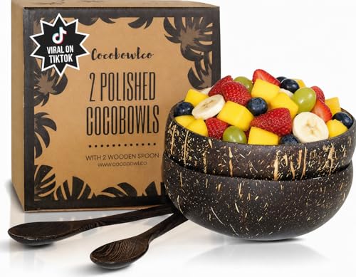 COCOBOWLCO Coconut Bowl Set with Wooden Spoons White Elephant Gifts For Adults Christmas Gifts. Eco-Friendly Acai Bowls Yogurt Bowls & Smoothie Bowl Ideal for Ninja Creami (2 Polished)