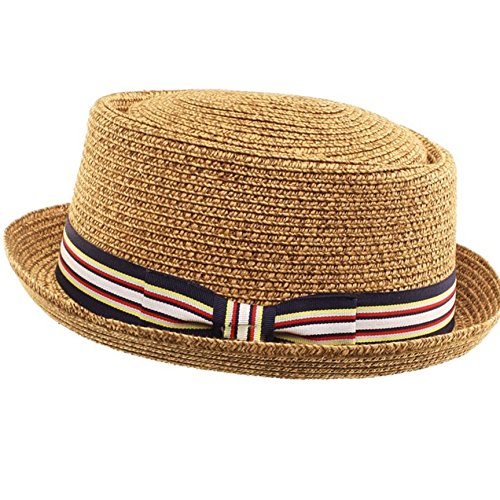 Image of Men's Fancy Summer Straw Pork Pie Derby Fedora Upturn Brim Hat