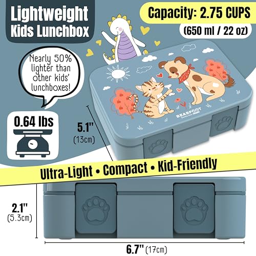 Image of BEARFOOT Kids Lunch Box with Compartments - Compact & Lightweight | Leak-Proof, BPA-Free, Dishwasher Safe | Hand-Drawn Design for Preschool, School, Travel (Dog & Cat Blue, 2.75 Cups)