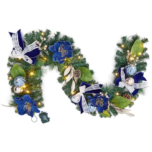 GarveeHome 6ft Christmas Garland with Lights for Mantle, Prelit Outdoor Xmas Garland with 20 LED Lights Timer Blue Ball Ornaments, Battery Operated, for Fireplace Stair Railing Indoor Holiday Decor