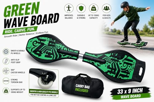 Image of Wave Board Caster Board with Carry Bag for Kids and Teens, 33 x 9 Inch Drift Skate Board with Anti-Slip Deck and Smooth Wheels, Supports Up to 100 kg, Green