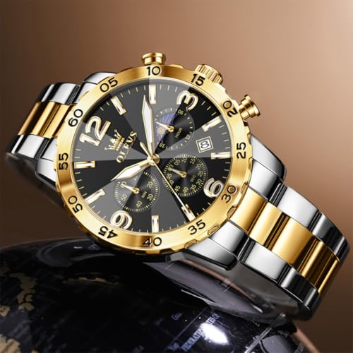 Image of OLEVS Men's Watches Luxury Chronograph Waterproof Dress Business Quartz Analog Stainless Steel Multifunction Fashion Watches with Date, Sun-noon Phase Big Dial 44mm, Luminous Hands Scales