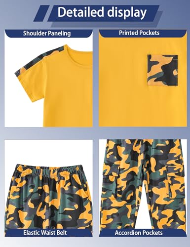 Image of mksodopy Boys Clothes Outfits Set, Camo Cargo Pants and Short Sleeve Pocket Tee 2PC Summer Tracksuit for Kids 5-16Y